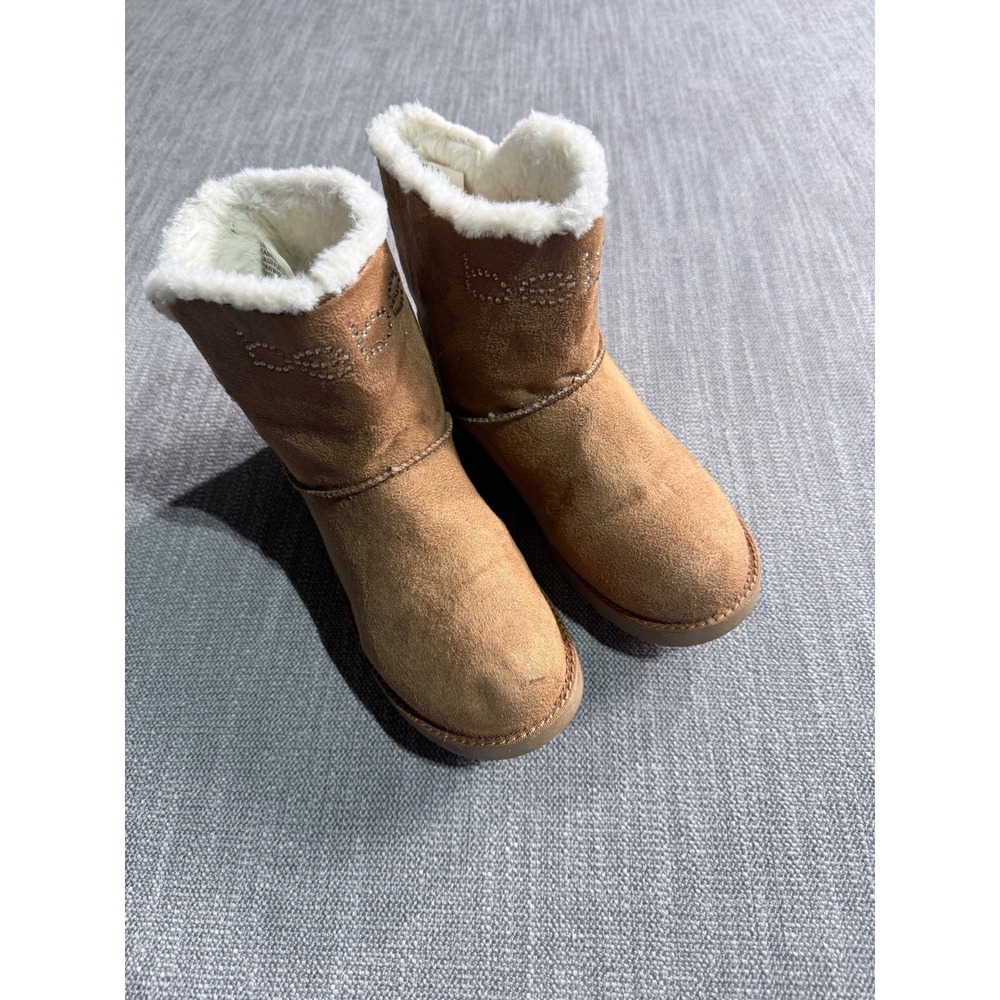 Bebe Lilybell Tan Faux Fur Rhinestone Logo Ankle Boots Size 6